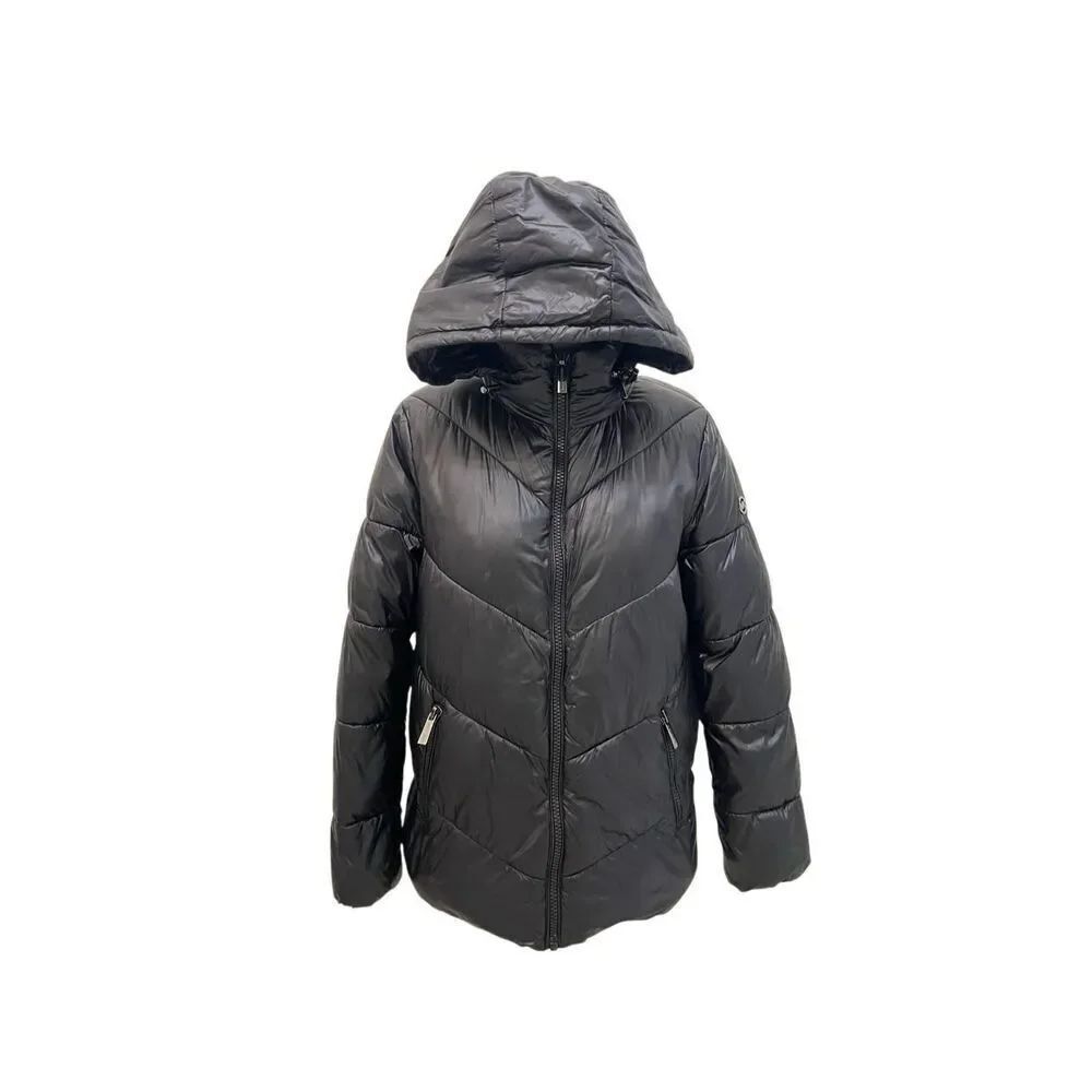 Michael Kors Women's Zip-up Quilted Hooded Puffer Jacket Coat Black Large